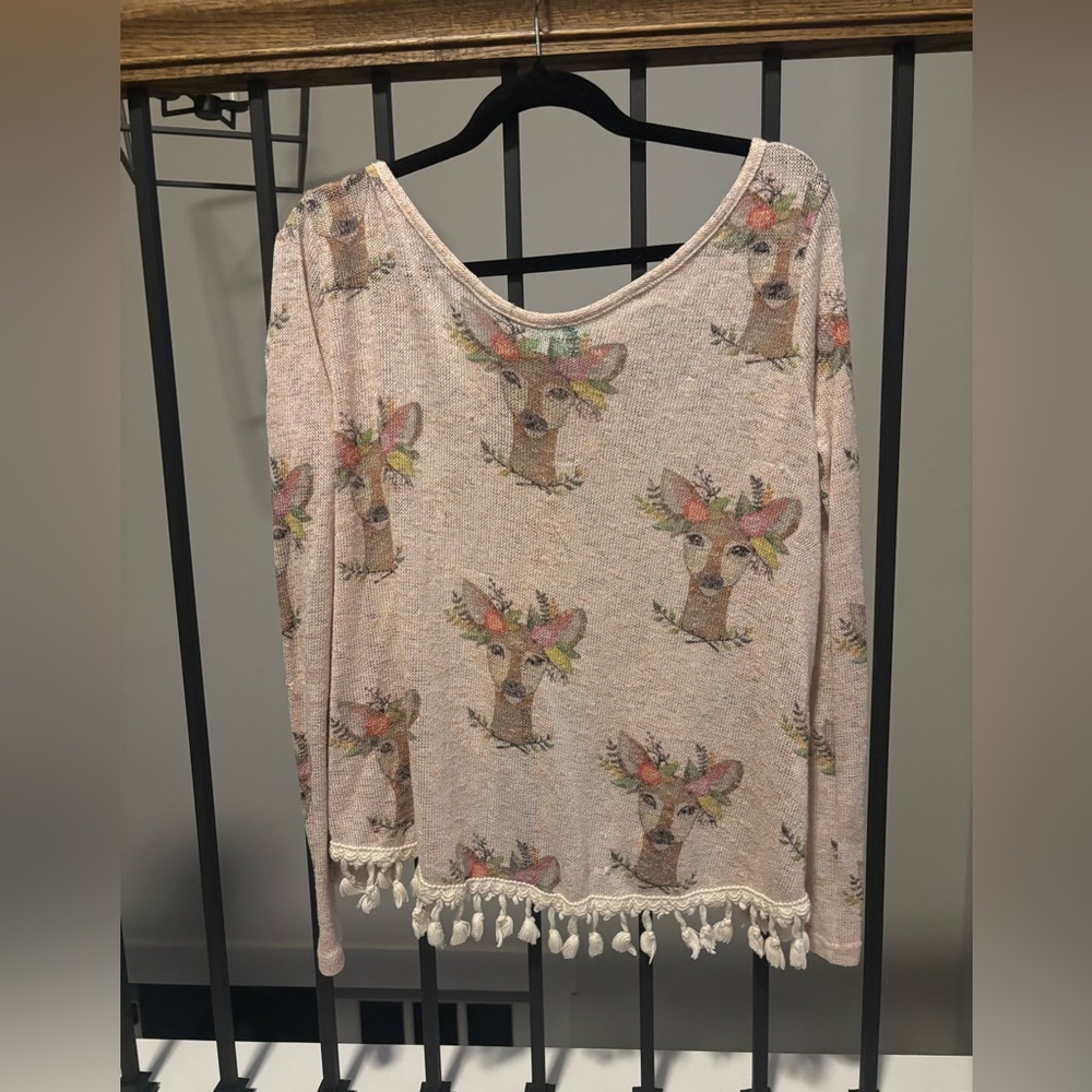 Judith March Boho Knit Crossover Back Fringe Deer & Floral Sweater Size Small